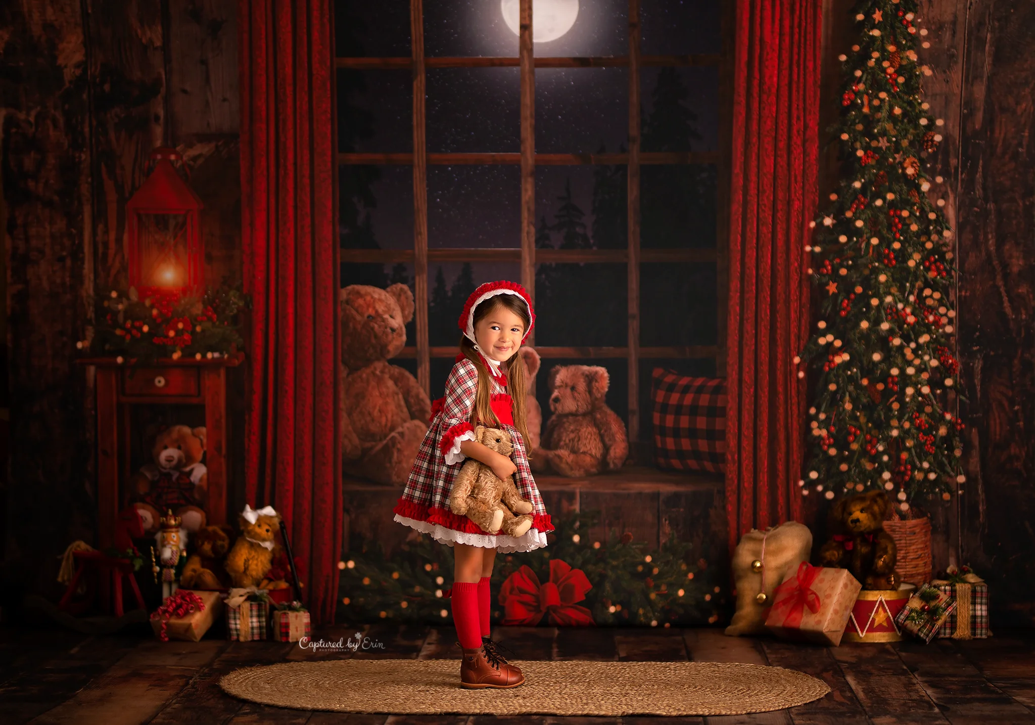 Cozy Beary Christmas View Backdrop Kids Baby Cake Smash Photography Props Window Bear Child Adult Birthday Studio Backgrounds