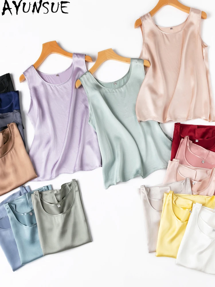 

AYUNSUE 100% шелковая майка из тутового шелка, женские летние топы без рукавов с круглым вырезом для женской одежды, разноцветная футболка, женская 2025