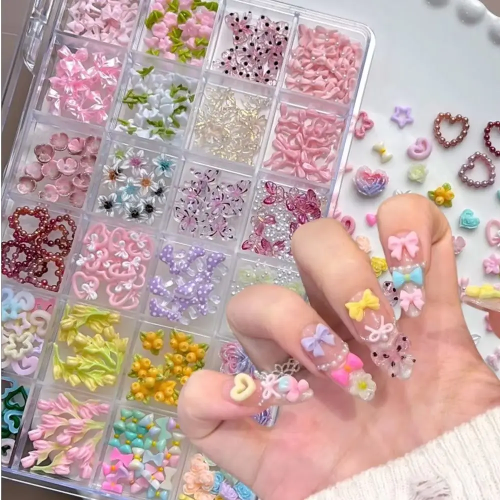 24rids 3D Kawaii Pink Bow Nail Rhinestones Cute Bowknot Flower Butterfly Nail Charms Y2K Resin Sweet Flat Back Nail Supplies