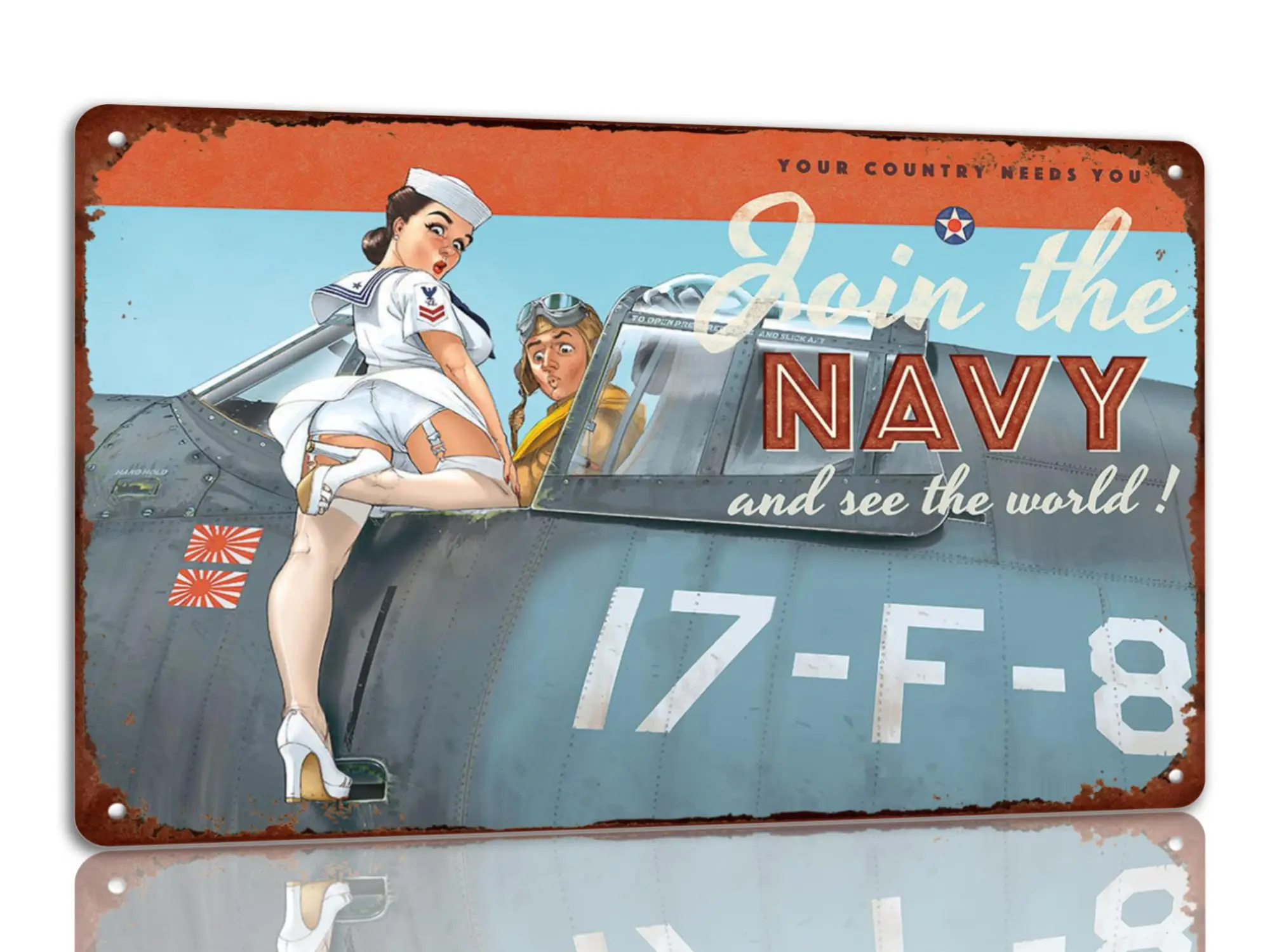 Join The Navy and See The World Pin Up Girl Vintage Retro Tin Sign Metal Sign Wall Decor Plaque for Club Cafe Club Man Cave Bedr