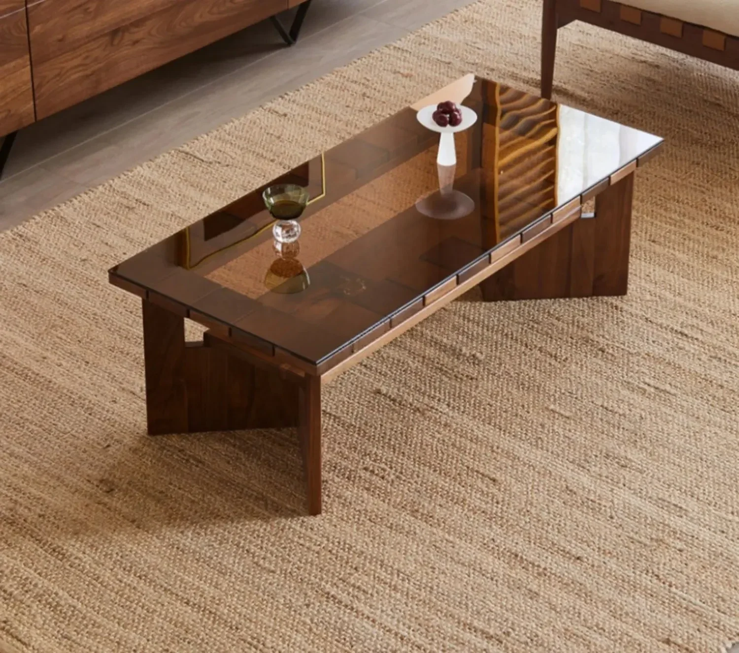 Yy North America Imported Black Walnut Small Apartment Coffee Table Solid Wood Glass Rectangular