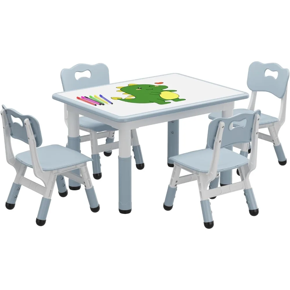 

Kids Table and Chair Set, Height Adjustable Toddler Table and 4 Chairs Set for Ages 2-10, Graffiti Desktop, Non-Slip Legs