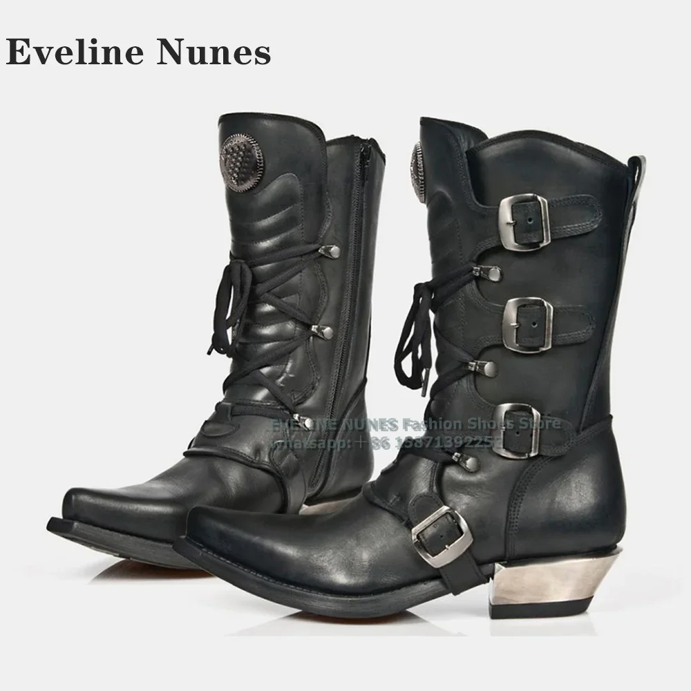 

Belt Buckle Metal Decoration Motorcycle Boots 2024 Newest Pointed Toe Block Heels Cross Tied Side Zipper Punk Retro Ankle Boots