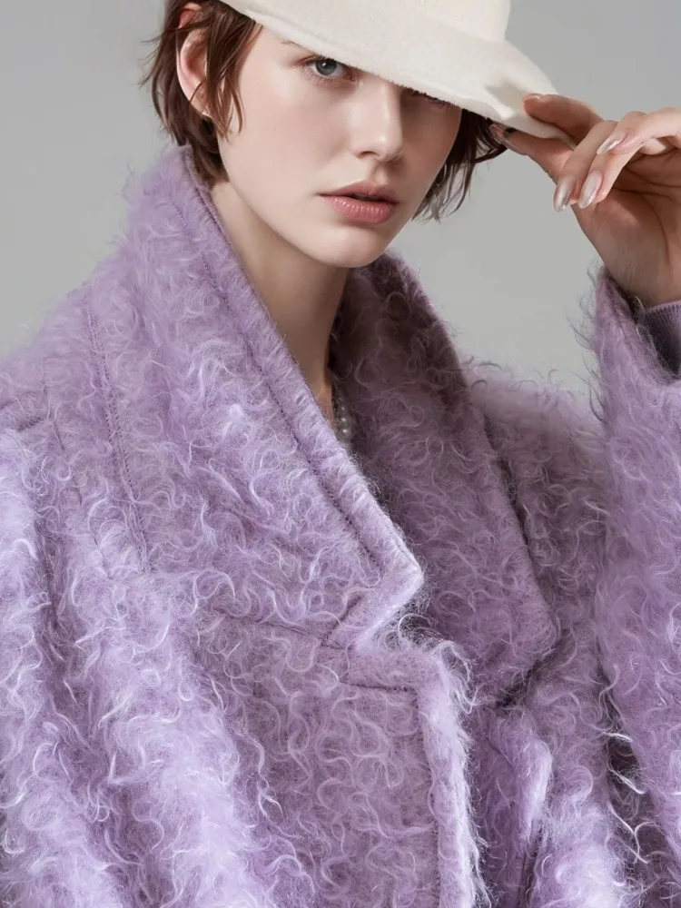 Damski luksusowy płaszcz z mieszanki moheru, wełny i kaszmiru, dwurzędowy, z kołnierzem garniturowym, luźny, ciepły płaszcz na jesień i zimę, jednolity kolor.