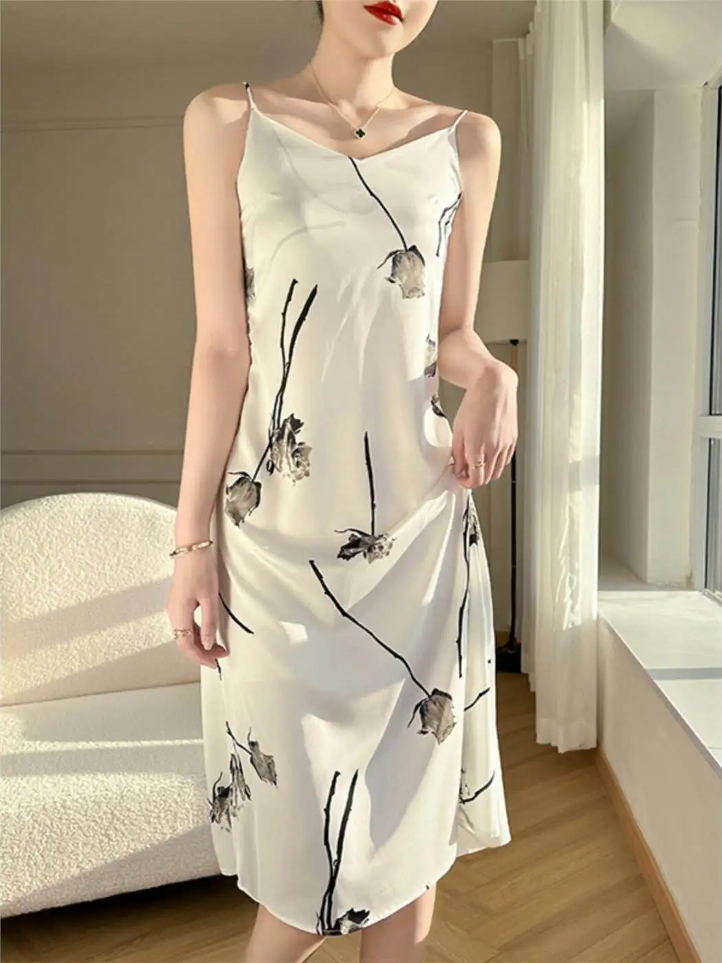 Acetato di seta Raso Stampa floreale V-Ne Dr Gonna versatile da donna Pendolarismo Vita alta A-Line Lungo Svel Estate Nuovo Arr...