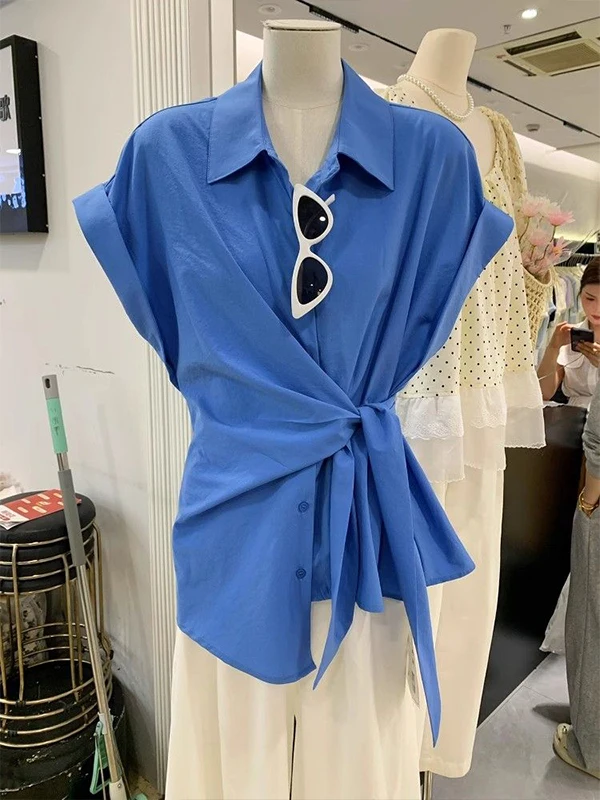 Women's Shirt with Side Tie Shoulder Drop Short Sleeve Turn-down Collar Casual Top Waist-cinching Summer Design Korean Style