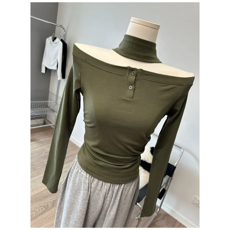 Halterneck, One-line Collar, Off-shoulder Buttoned Long-sleeved T-shirt, Pleated Slim-fit Bottoming Shirt Top