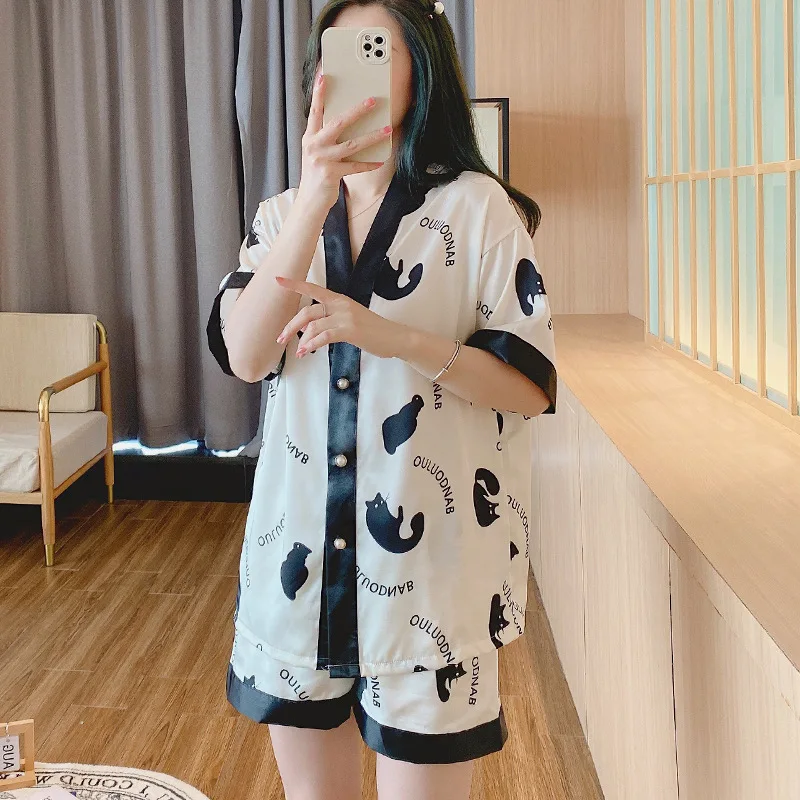 Popular pajamas women\'s summer ice silk short sleeves comfortable cartoon trend two-piece loungewear cross-border