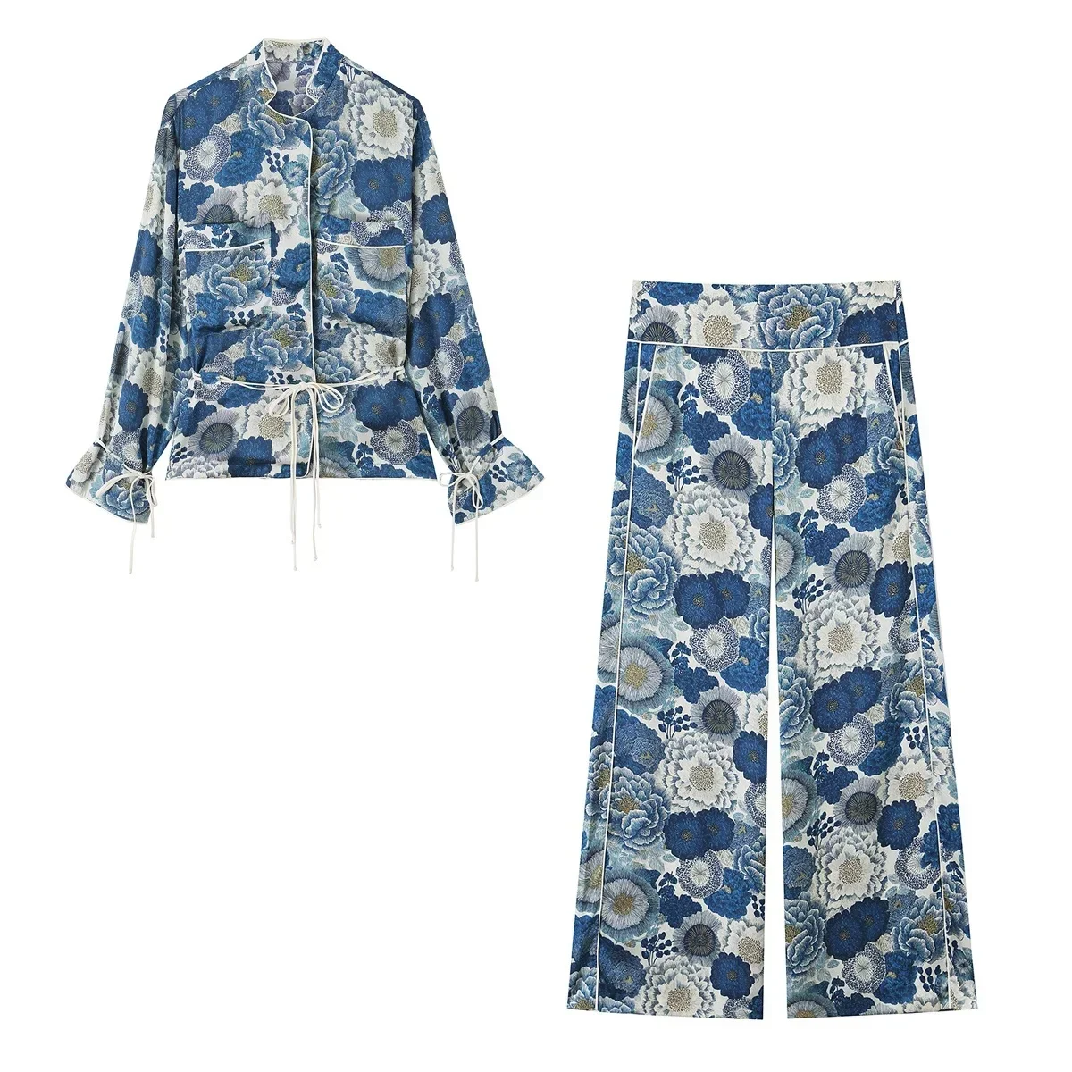 KONDALA Damen Elegantes Schickes Bedrucktes Hosenset 2026 Frühling Sommer Trendiges Urlaubs-Freizeitset Damen Schnür-Knopf-Hemden, Lange Hosen – Detail 5