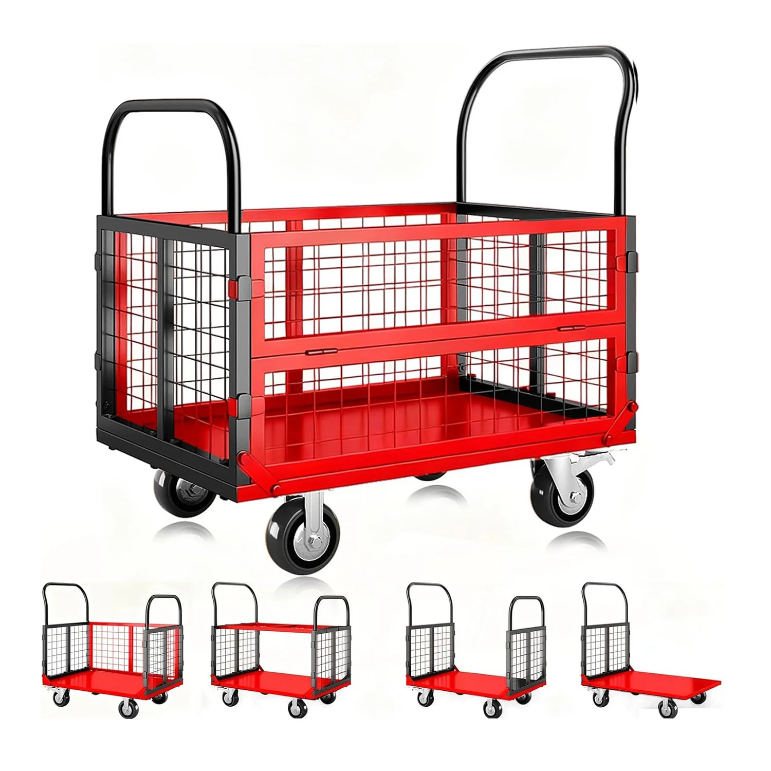 

Тележка-платформа 6-в-1 с клеткой, складная ручная тележка, ручная тележка нажимная тележка 1800 фунтов для продуктов, гаража, склада