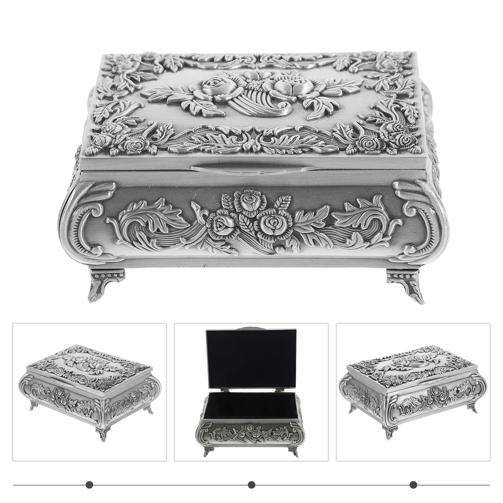 

Jewelry Storage Box Vintage Alloy Rose Carving Trinket Box For Rings Earrings Organizer Decorative Sundries Container
