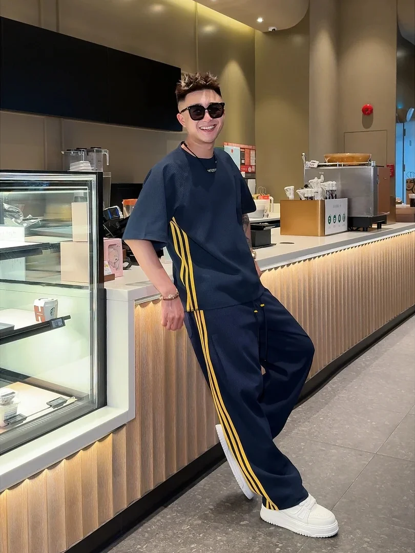 youth-retro-sportswear-color-block-stripe-three-bars-set-men-summer-short-sleeve-long-pants-two-piece-set-casual-sport-outfit