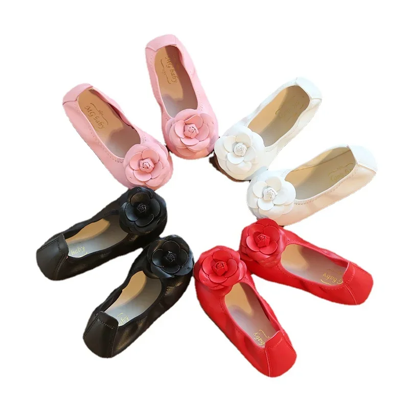 Autumn Kids shoes for girl Dancing Shoes for Children Girls leather Shoes Soft Bottom Big Flower Loafers Red White Black Pink