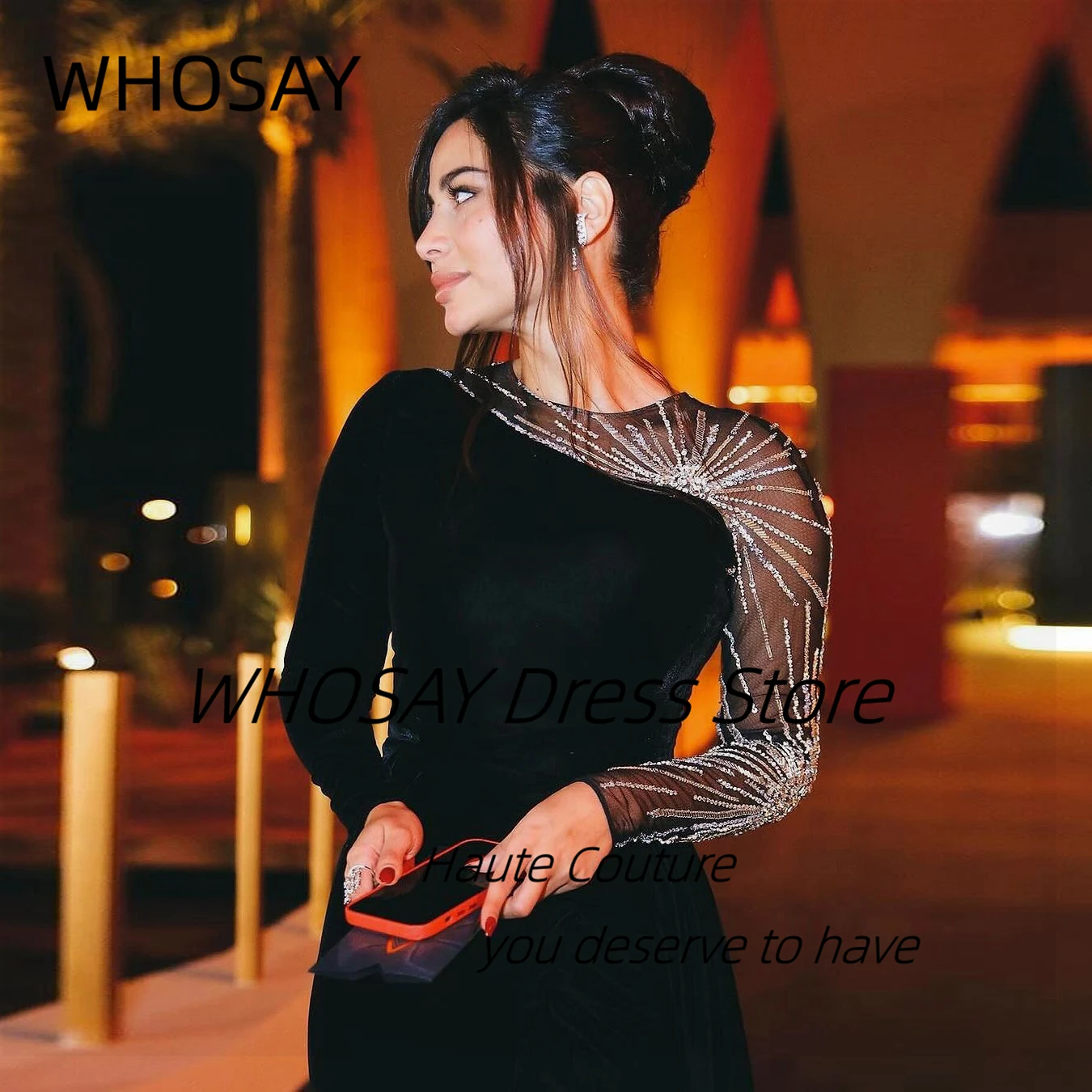 WHOSAY Celebrity Women Wear Black Velour Dresses O-Neck Beading Long Sleeves Evening Party Dress Side Slit Mermaid Prom Gowns