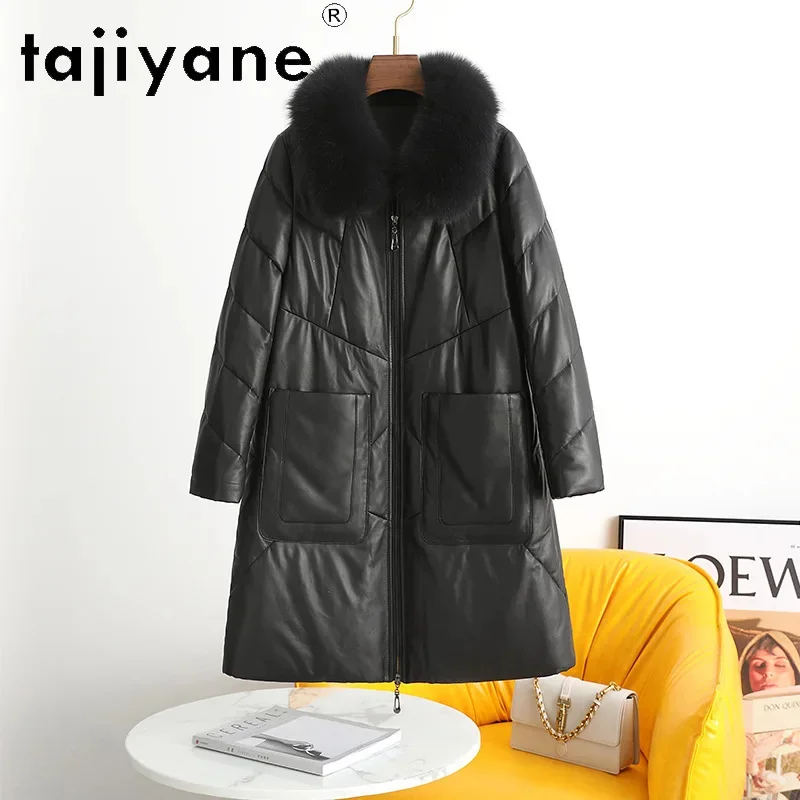 100% Tajiyane Real Leather Jacket Women Winter Fashion Mid-length Genuine Sheepskin Coat Fox Fur Collar Warm Down Coats Jaquetas