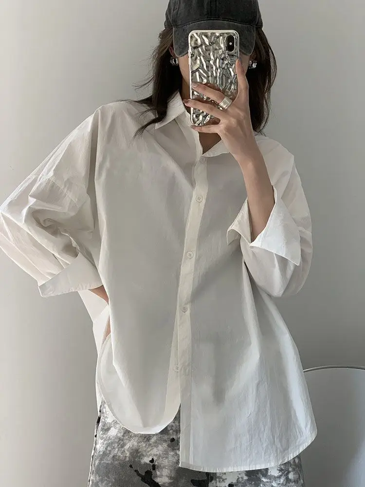 Spring and Autumn versatile fashion women long-sleeved Korean style loose and simple white shirt top with inner and outer layer