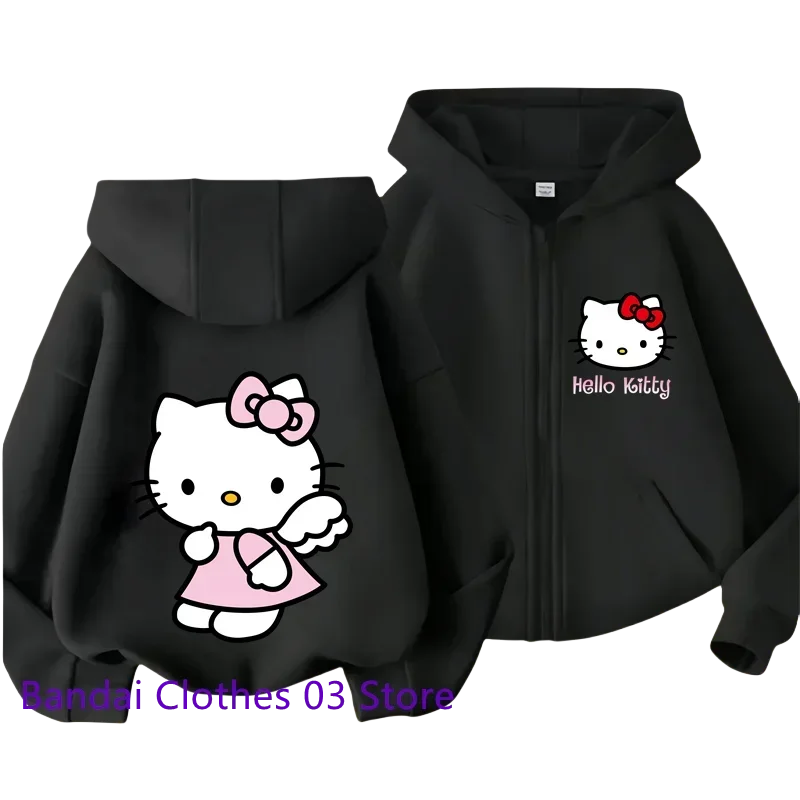 Cute Hello Kitty New Pin Zipper Hoodie Girls Sweatshirt Autumn/Winter Long Sleeve Jacket Harajuku Jumper Pin Casual Hoodie Top