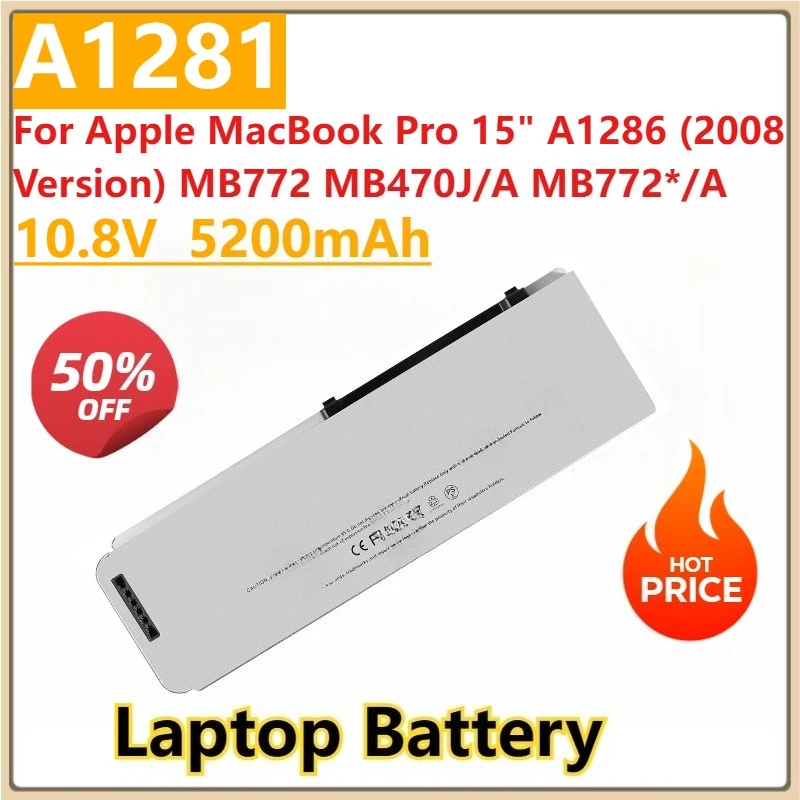 

New A1281 Laptop Battery 10.8V 5200mAh for Apple MacBook Pro 15" A1286 (2008 Version) MB772 MB470J/A MB772*/A MB772J/A MB471X/A