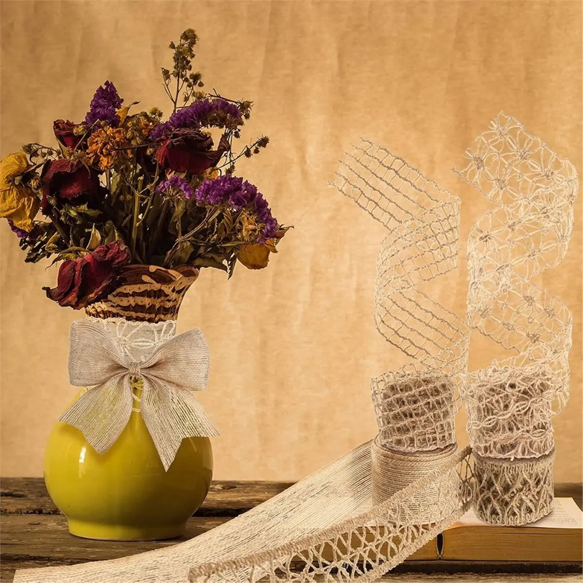 5 Rolls 13ft Burlap Ribbon Wired Natural Jute Burlap Lace Wrapping Ribbon with 328 Ft Twine Rope for DIY Crafts and Deco
