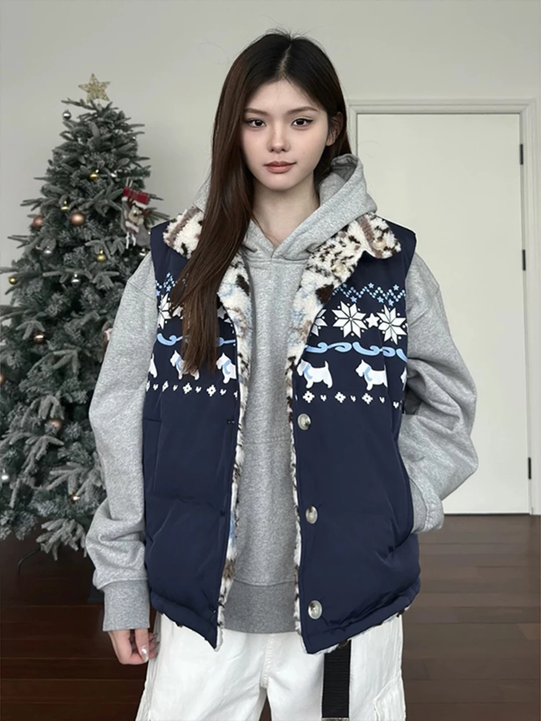 

AN ex Double-Sided Wear Lamb Velvet Vest Warm Winter Faion Island Sle No-Sve Tank Top Layering Outerwear