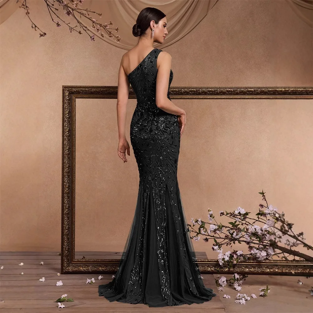 Middle East Long European and American Oblique Shoulder Elegant Cocktail Dress Luxury Split Bridesmaid Graduation Dress Dress