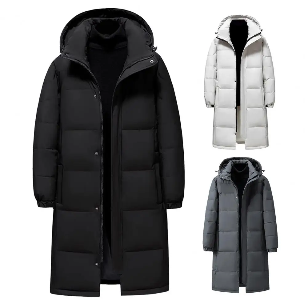 Men's Mid-length Cotton-padded Jacket Winter Thickened Hooded Zipper Spliced Parkas Large Size Big Pockets Coat Outwear