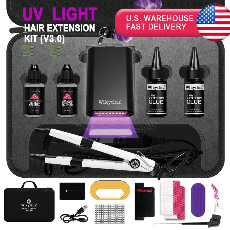 مجموعة وصلات الشعر المضيئة بالأشعة فوق البنفسجية على شكل حرف V من كومبو، مجموعة أدوات ويكيتينا، آلة إزالة الغراء بالأشعة فوق البنفسجية تدوم طويلاً - أدوات تصفيف الصالون غير مرئية