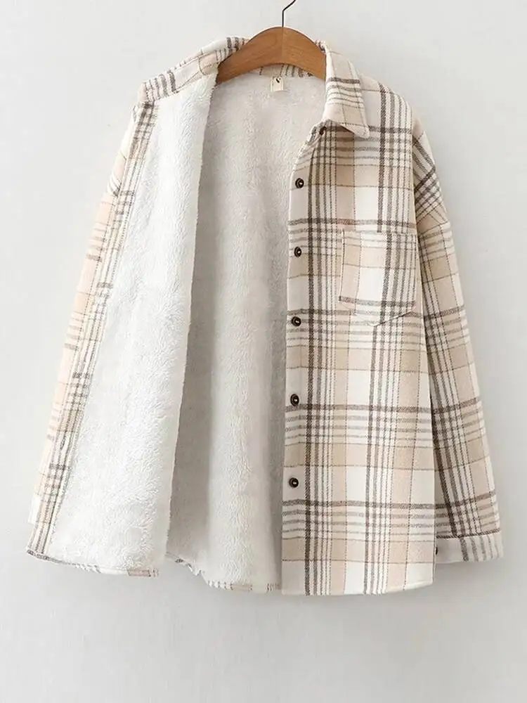 Blusas a cuadros gruesas Veet para mujer, camisas cálidas de otoño e invierno, Tops informales holgados con una botonadura, Tops Vintage de manga larga con bolsillo