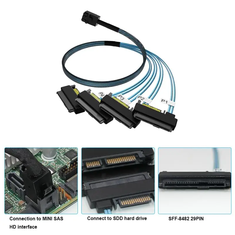 Kabel JoniSerl Mini-SAS do SAS: 1M SFF-8643 do SAS SFF-8643 do SFF-8482, 4x SFF-8482 z kablem zasilającym SATA — zdjęcie produktu 2