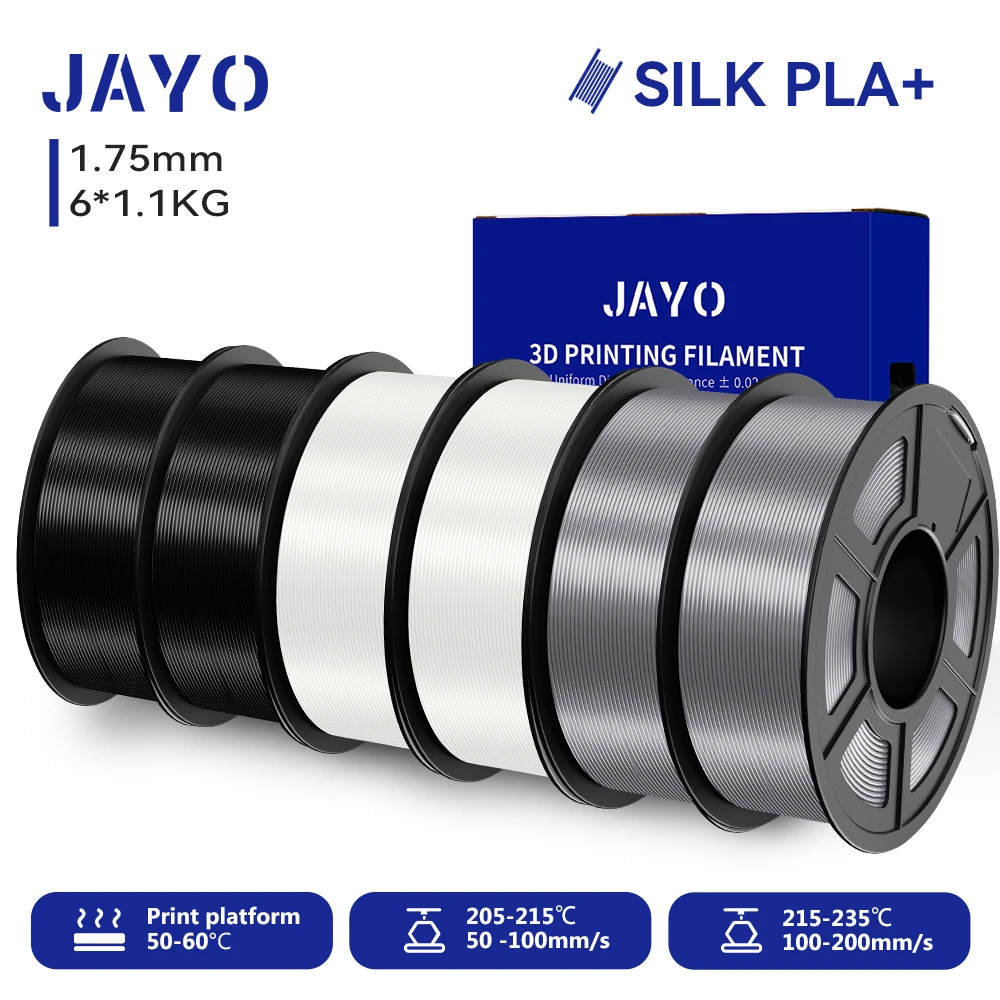 JAYO 6 Rollen SILK PLA + Filament 1,75 mm SILK PLA Plus Filament, glatte, seidige, glänzende Oberfläche, 3D-Filament, geeignet für FDM-Drucker