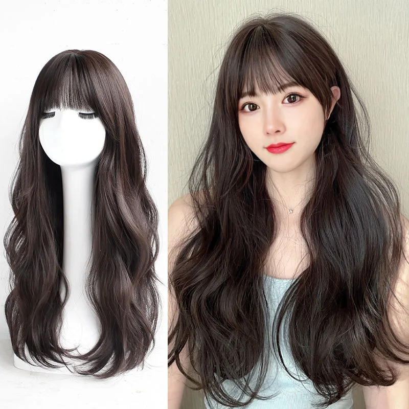 New synthetic wig female long hair big wave air bangs long curly hair high temperature silk chemical fiber whole wig