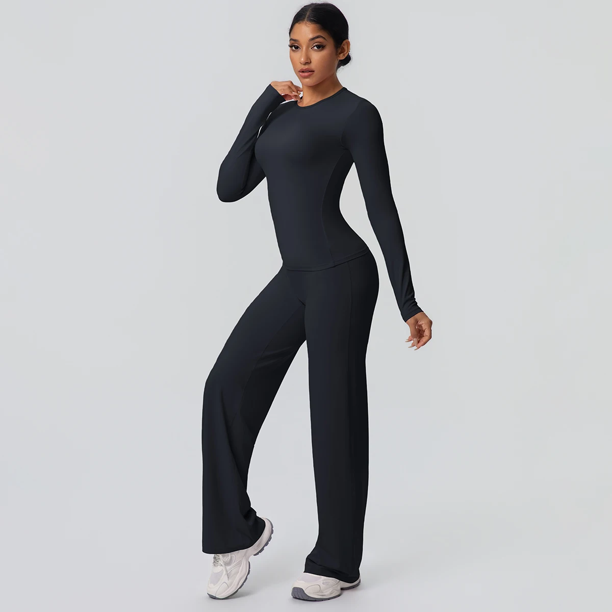 2 stück Frauen Gym Yoga Set Lauf Shirts Schlank Lange Ärmel Workout Top Schnell Trocknend Hohe Stretch Breite Bein Hosen dünne Yoga Set – Detail 14