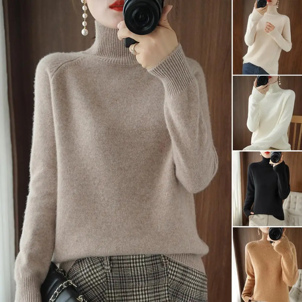 Crochet Knit Sweater Cozy Ribbed Trim High Collar Women's Sweater Long Sleeve Knit Top with Thickened Bottoming Solid Color