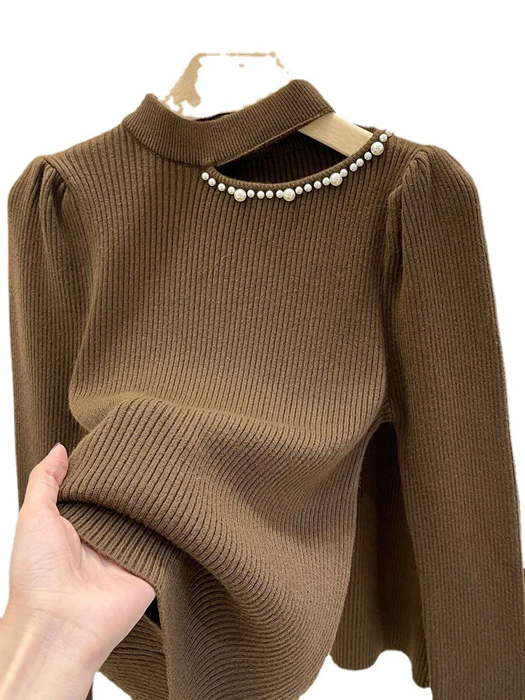 Fashion Simple Pearl Half Turtleneck Sweater Women 2023 New Spring Sense Cut-out Bottoming Long Sleeve Off-Shoulder Sweater Top