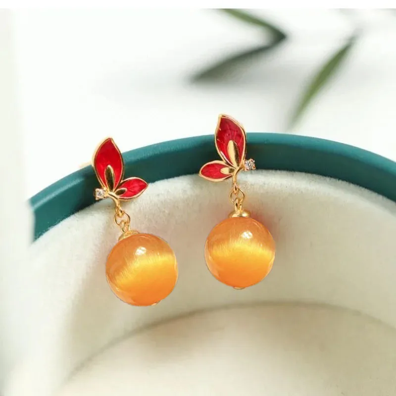 

Butterfly earrings for women New in Orange yellow Cat's Eye bead Ear Studs Exquisite and gorgeous vintage silver jewelry gift