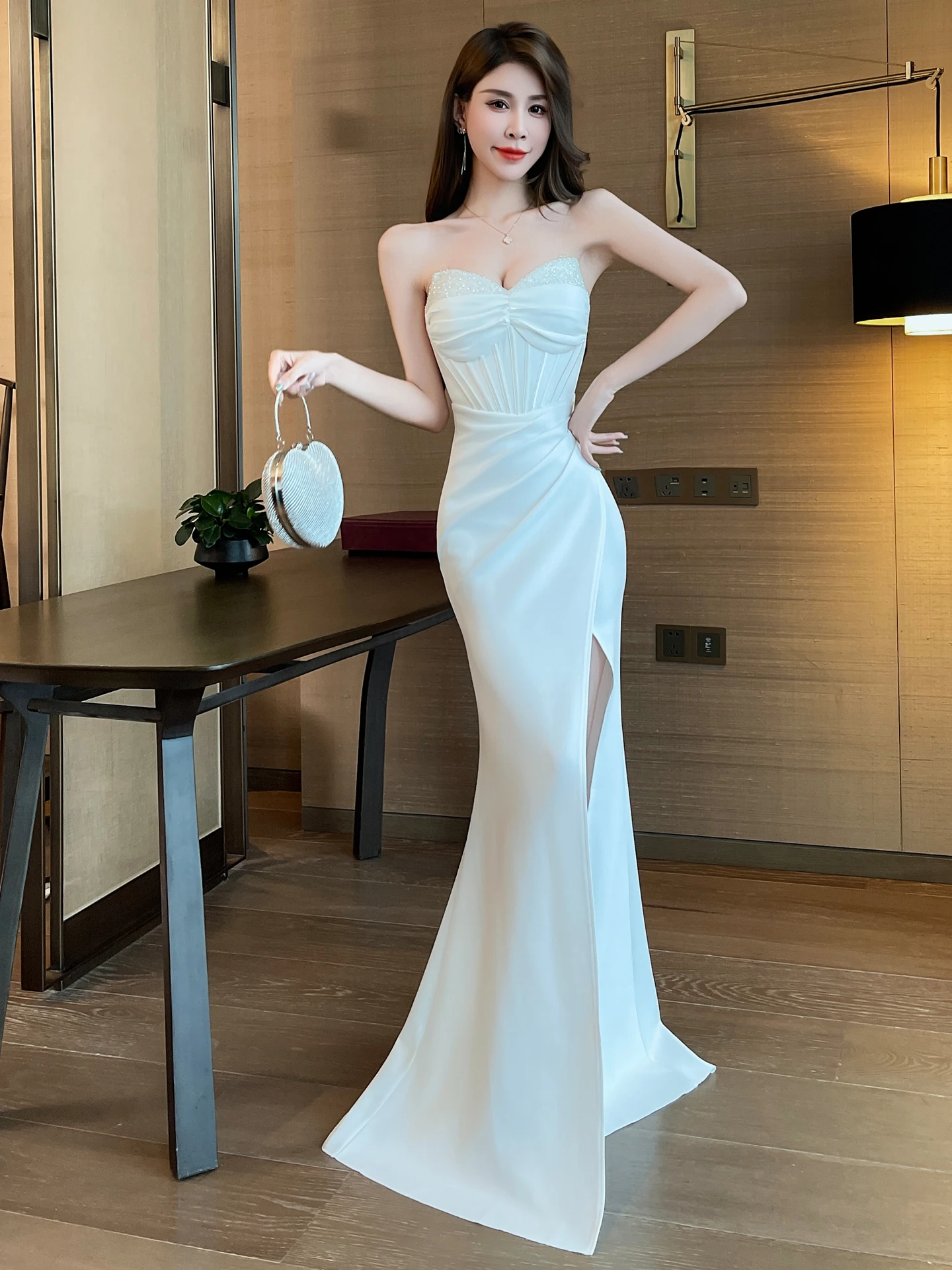 

Ele Fibone Strapl Evening Dr Women's 2025 New Sle Sexy Crystal Beaded mid Waist Long Gown for Year End Par Host