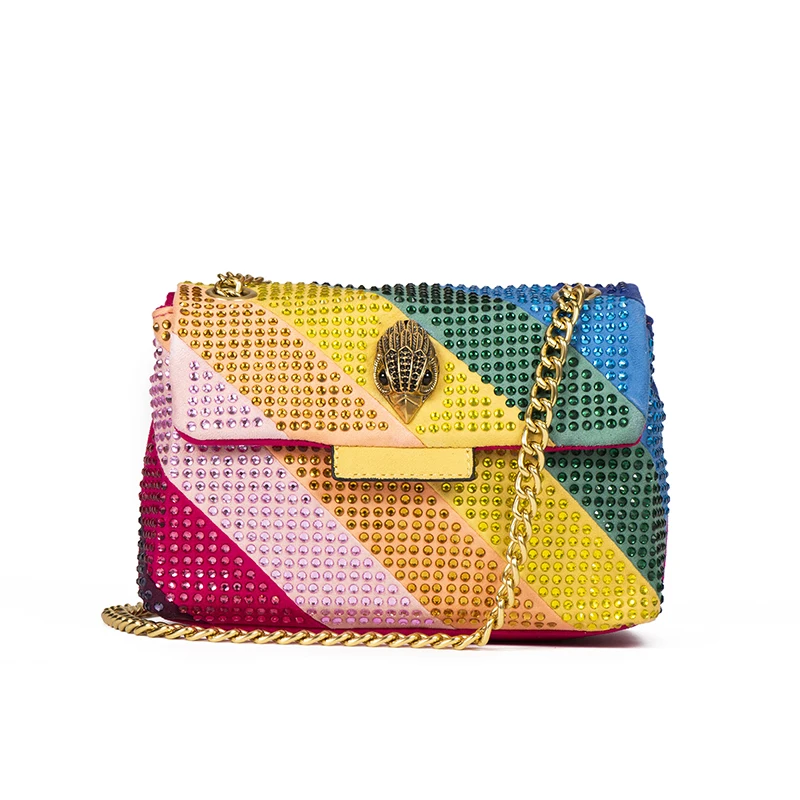 Luxury Design Fabic Women Bag Crystal Embellishment Quilting Pattern Rainbow Patchwork Icon Metal Logo Jointing Purse