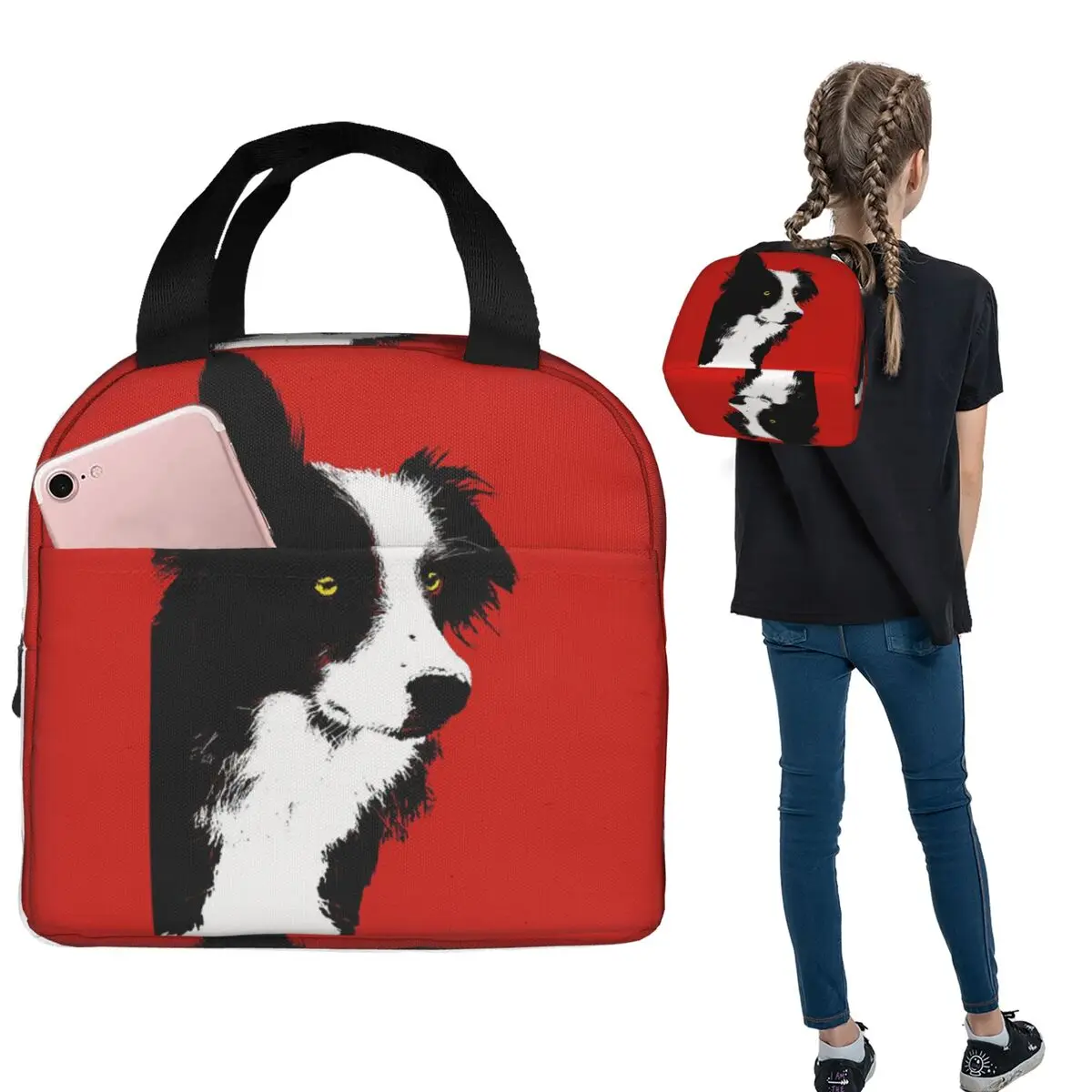 Border Collie Dog Lunch Bags Insulated Bento Box Portable Lunch Tote Resuable Cooler Thermal Bag for Woman Kids School