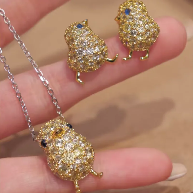 Cameo Cute Little Chick Gold Yellow Full Paved Cubic Zirconia Pendant Necklace Stud Earrings Cartoon Animal Fashion Jewelry