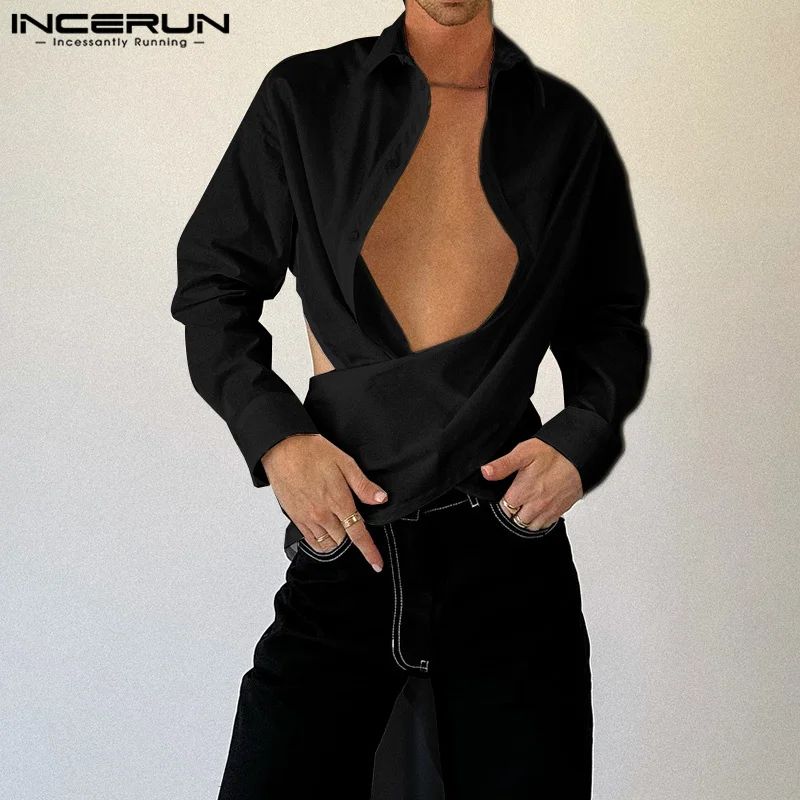 INCERUN 2024 Neue männer Dekonstruierende Rückenfreie Bogen Shirts Hübscher Männlicher Einfarbig Bequeme Lose Lange Ärmeln Bluse S-5XL