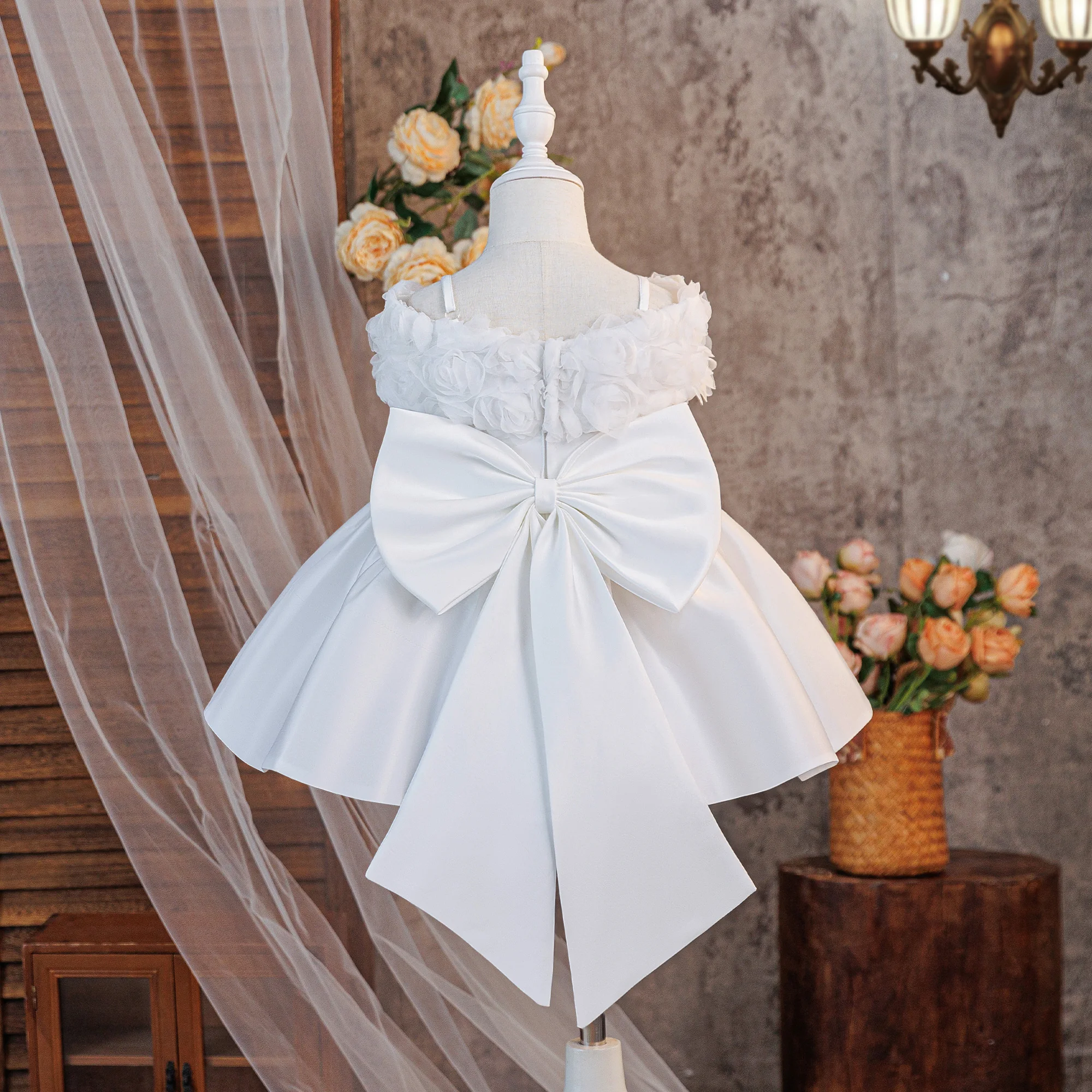 Kleid für Kleinkinder zum 1. Geburtstag, zur Taufe, für Mädchen, mit Schleife, Hochzeitskostüm, elegante Brautjungfernkleider, Prinzessinnenkleider, Festkleid für Mädchen, Kinderkleidung – Detail 4