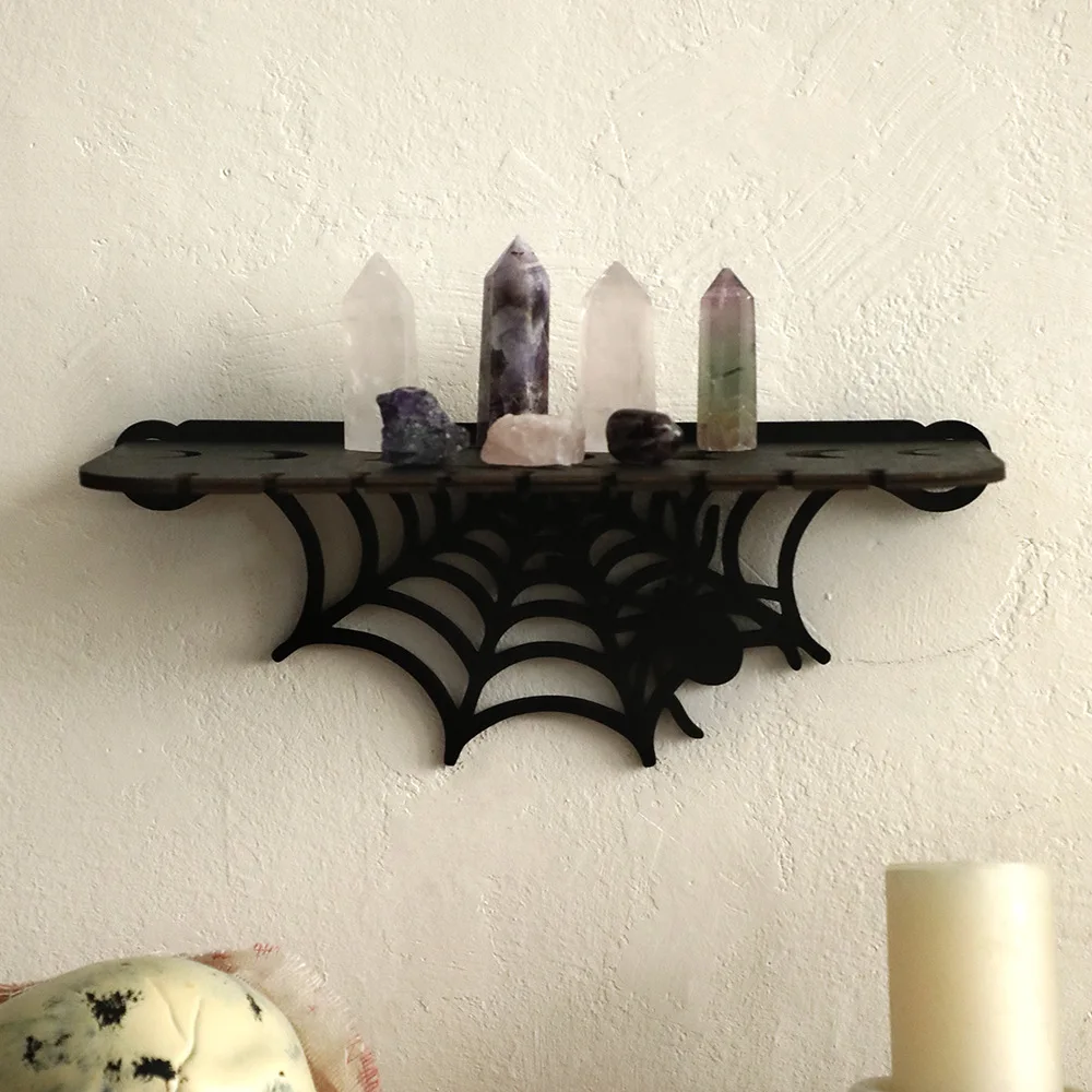Gothic Spider Web Wall Shelf, Black Wooden Floating Rack for Bedroom Halloween Dark Aesthetic Home Decor Organizer
