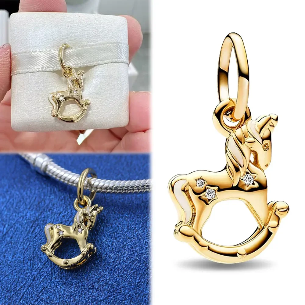 Pendentif cheval de Troie série dorée en argent regardé 925 pour femme, équation de dragon, convient aux bracelets Pandora originaux, breloques, cadeau de bijoux à bricoler soi-même