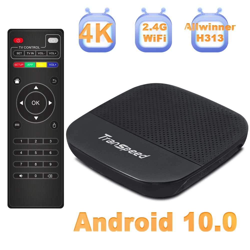 Transpeed Android 10 TV Box Allwinner H313 Quad Core Cortex A53 BT5.0 2.4G 100M WiFi Support 4K 3D 16GB TV Box Set Top Box