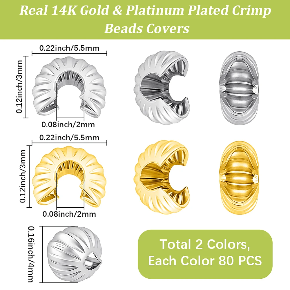 160Pcs 2 Colors Brass Crimp Bead Covers 5.5mm Small 14K Gold Platinum Plated Half Round Open Crimp Bead Knot Covers Cap Cord End