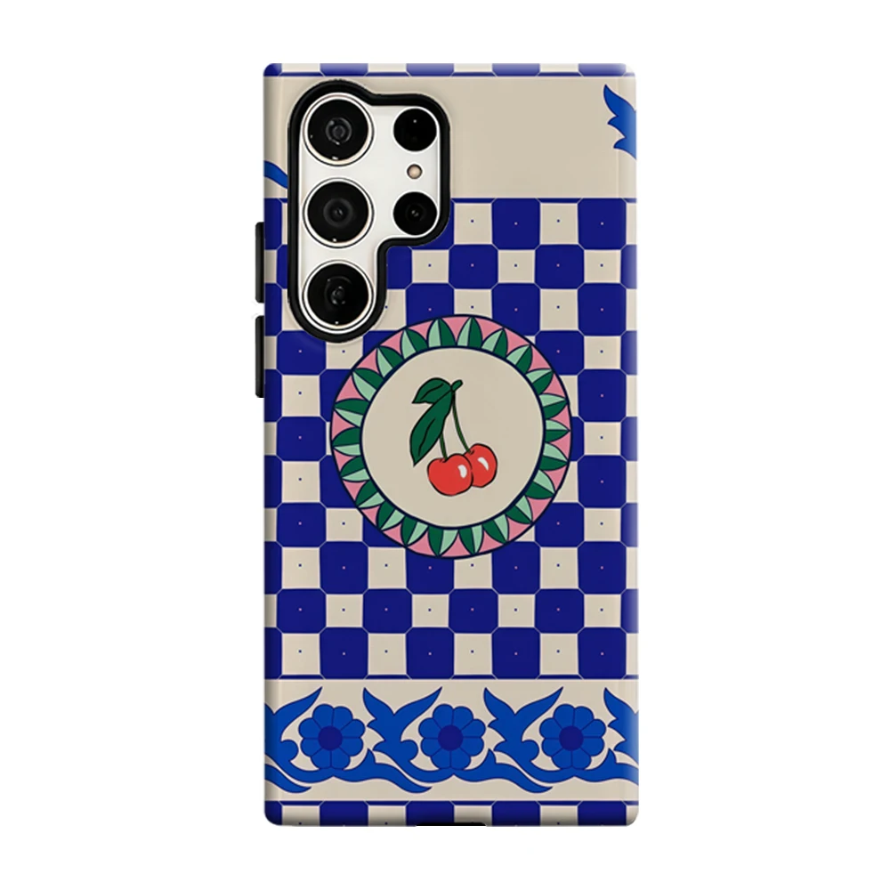 Cherry Blue Checker Phone Case For Samsung Galaxy S25 S26 Ultra S24 S23 Plus Shockproof Double Layer Tough Back Cover
