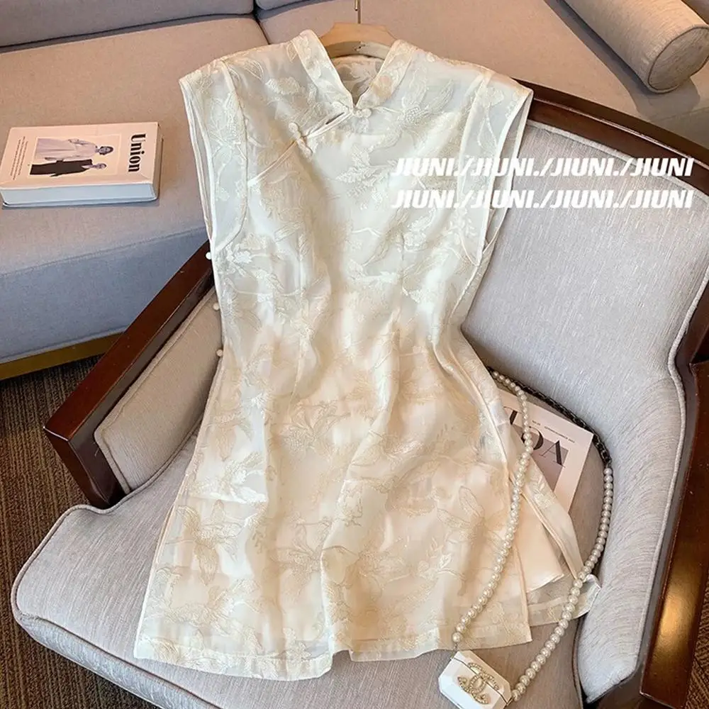 Elegant Summer New Chinese Style Button Embroidered Sleeveless Improved  Dress Women's Slimming Short Skirt view 3