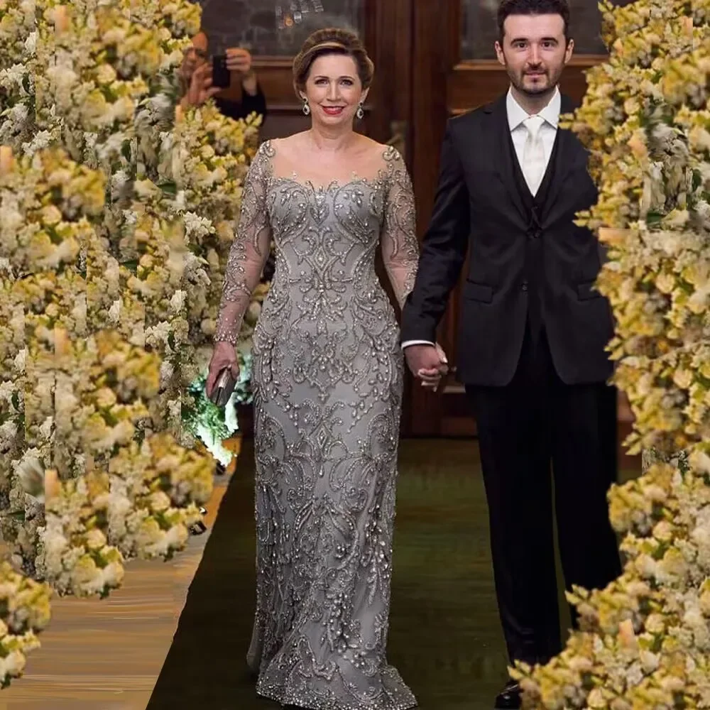 

Customized Luxury Beaded Lace Mother Of The Bride Dress Full Sleeves Floor Length Gown For Women Sweep Train vestidos de fiesta