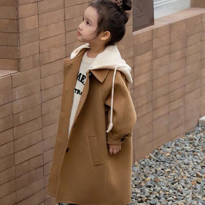 Winter New Teen Girls Woollen Overcoat Long Style Spring Hooded Single-Breasted Windbreaker For 5-14 Years Warm Fashion Jacket