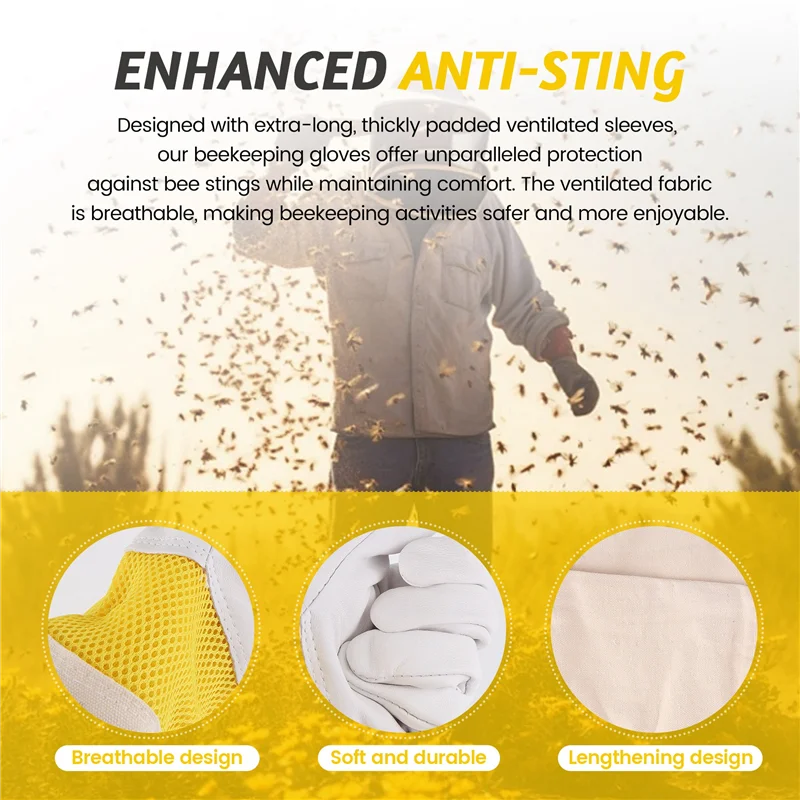 Beekeeping Gloves Beekeeping Tools White Leather Golden Yellow Mesh Short Mesh Breathable Gloves Bee Protection Tools-B91B